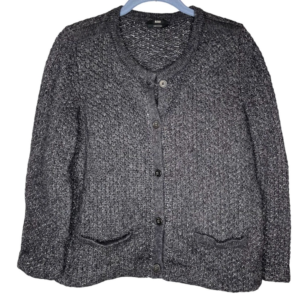 Hugo boss wool metallic cardigan sweater gray button front long sleeve